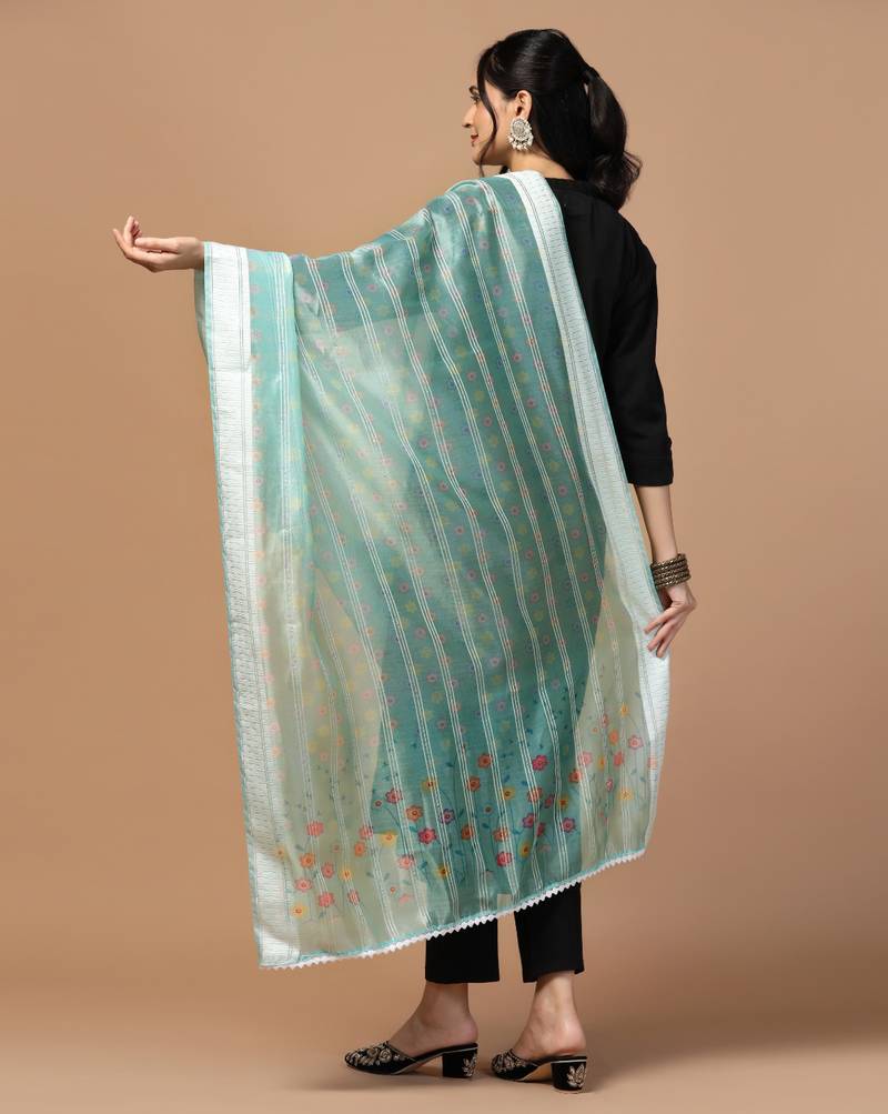 Digital Ethnic Motif Print Orgenza Khadi Silk Crochet Work Regular Dupatta Wear on Kurti For Women and Girls