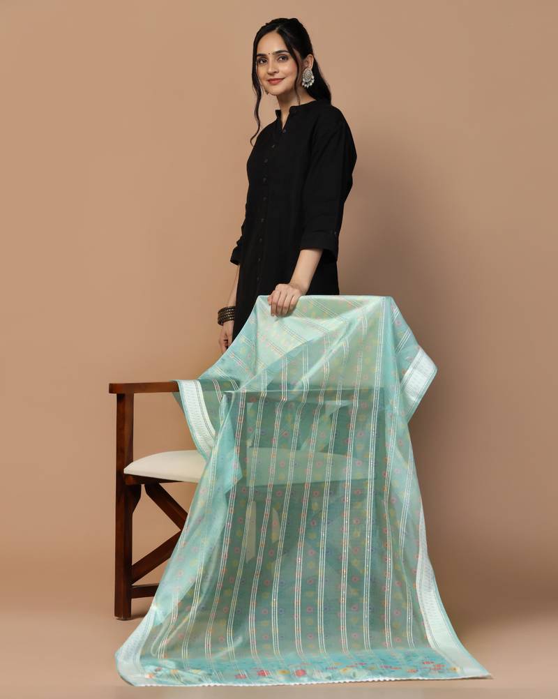 Digital Ethnic Motif Print Orgenza Khadi Silk Crochet Work Regular Dupatta Wear on Kurti For Women and Girls