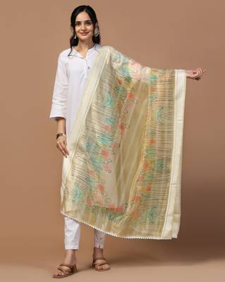 Digital Ethnic Motif Print Orgenza Khadi Silk Crochet Work Regular Dupatta Wear on Kurti For Women and Girls 1