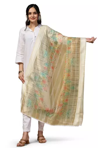 Digital Ethnic Motif Print Orgenza Khadi Silk Crochet Work Regular Dupatta Wear on Kurti For Women and Girls