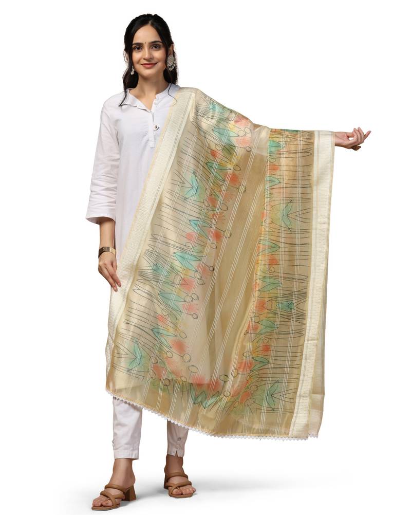 Digital Ethnic Motif Print Orgenza Khadi Silk Crochet Work Regular Dupatta Wear on Kurti For Women and Girls