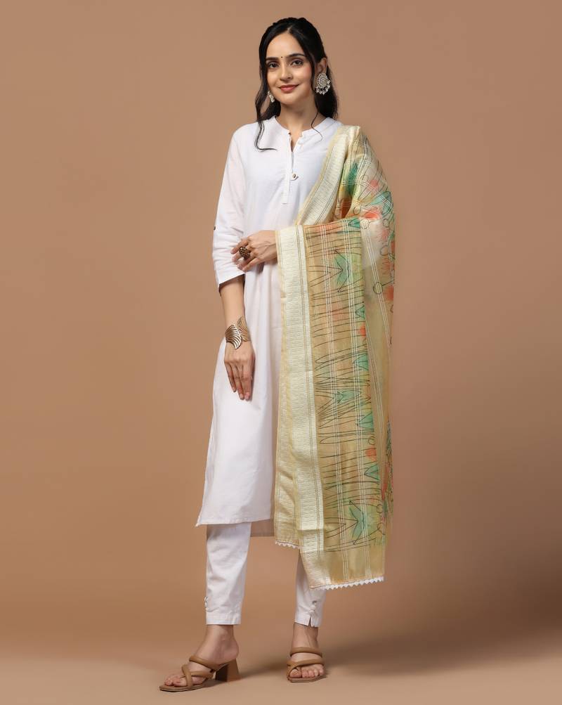 Digital Ethnic Motif Print Orgenza Khadi Silk Crochet Work Regular Dupatta Wear on Kurti For Women and Girls