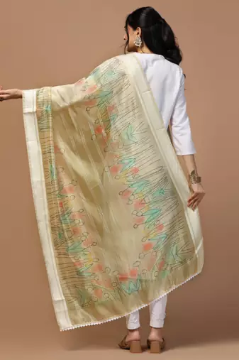 Digital Ethnic Motif Print Orgenza Khadi Silk Crochet Work Regular Dupatta Wear on Kurti For Women and Girls