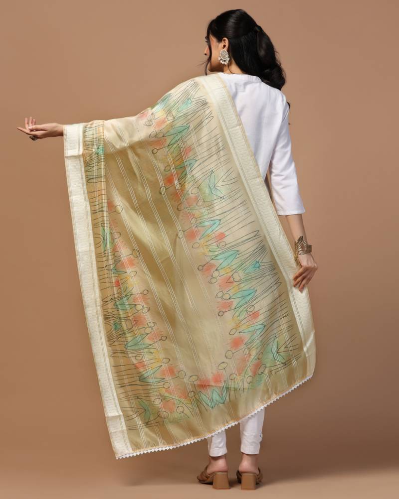 Digital Ethnic Motif Print Orgenza Khadi Silk Crochet Work Regular Dupatta Wear on Kurti For Women and Girls