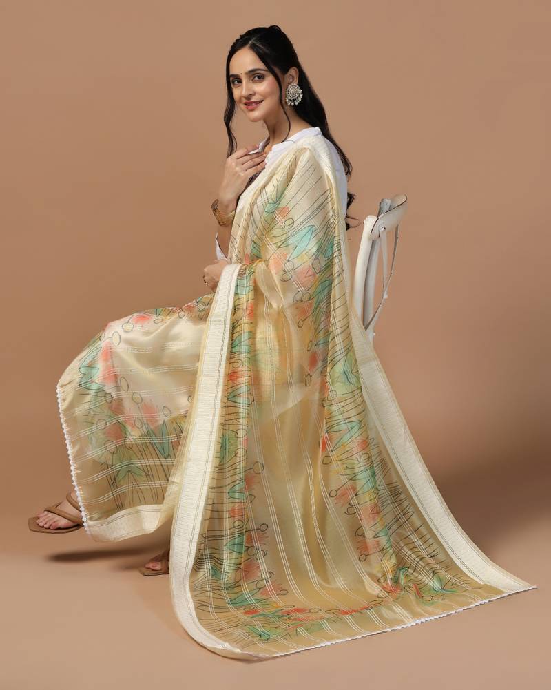 Digital Ethnic Motif Print Orgenza Khadi Silk Crochet Work Regular Dupatta Wear on Kurti For Women and Girls