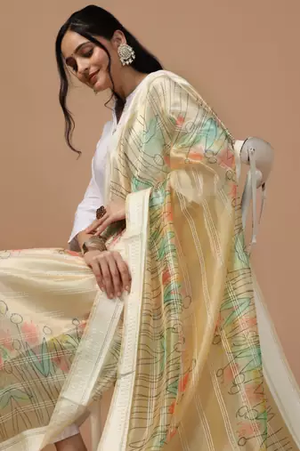 Digital Ethnic Motif Print Orgenza Khadi Silk Crochet Work Regular Dupatta Wear on Kurti For Women and Girls