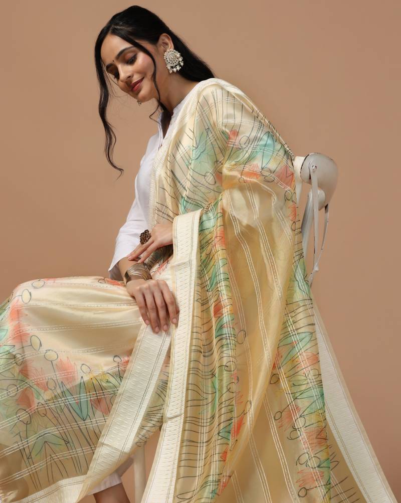 Digital Ethnic Motif Print Orgenza Khadi Silk Crochet Work Regular Dupatta Wear on Kurti For Women and Girls
