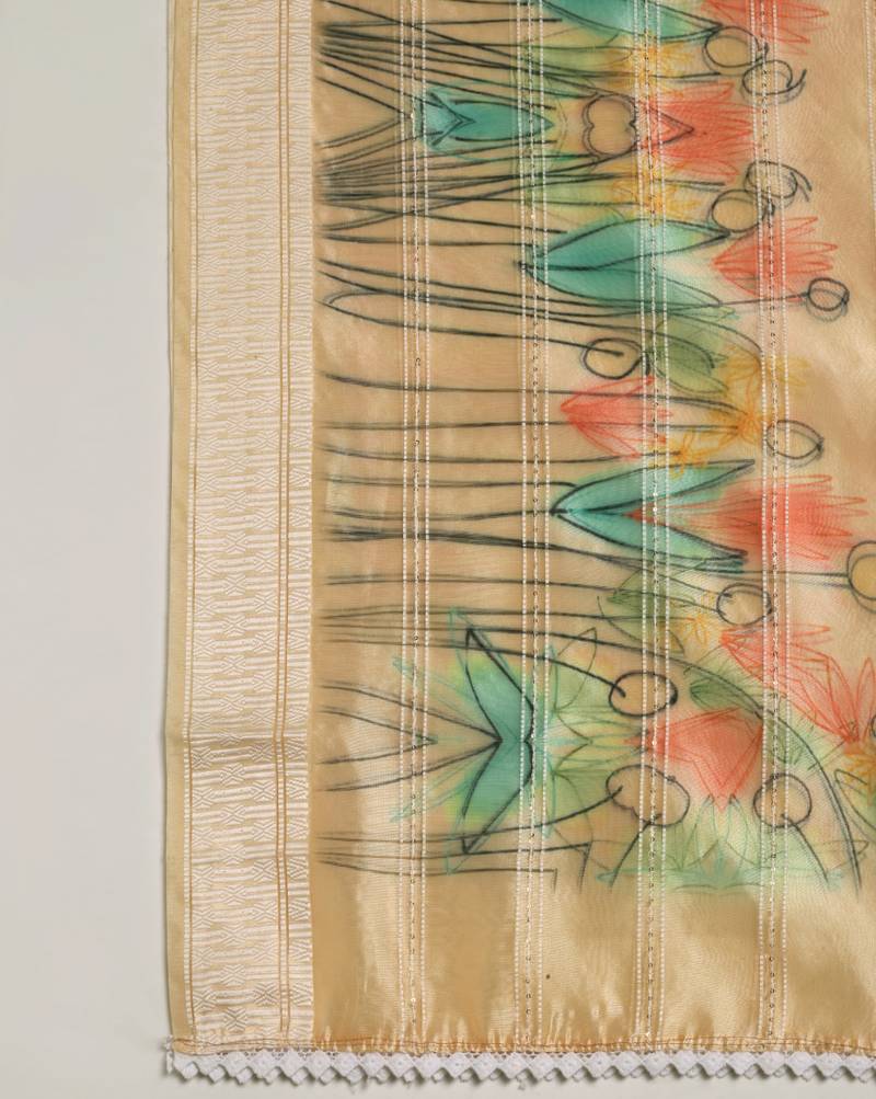 Digital Ethnic Motif Print Orgenza Khadi Silk Crochet Work Regular Dupatta Wear on Kurti For Women and Girls