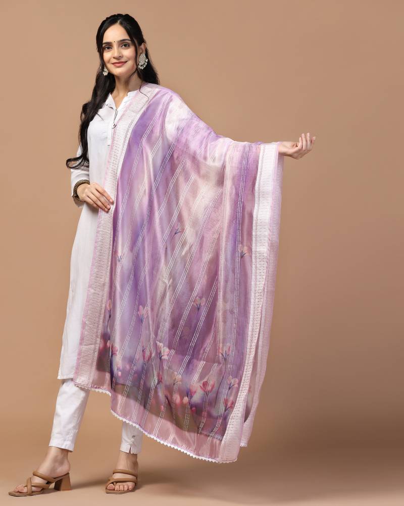 Digital Ethnic Motif Print Orgenza Khadi Silk Crochet Work Regular Dupatta Wear on Kurti For Women and Girls