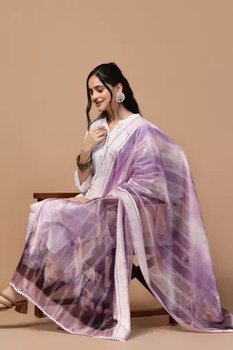 Digital Ethnic Motif Print Orgenza Khadi Silk Crochet Work Regular Dupatta Wear on Kurti For Women and Girls