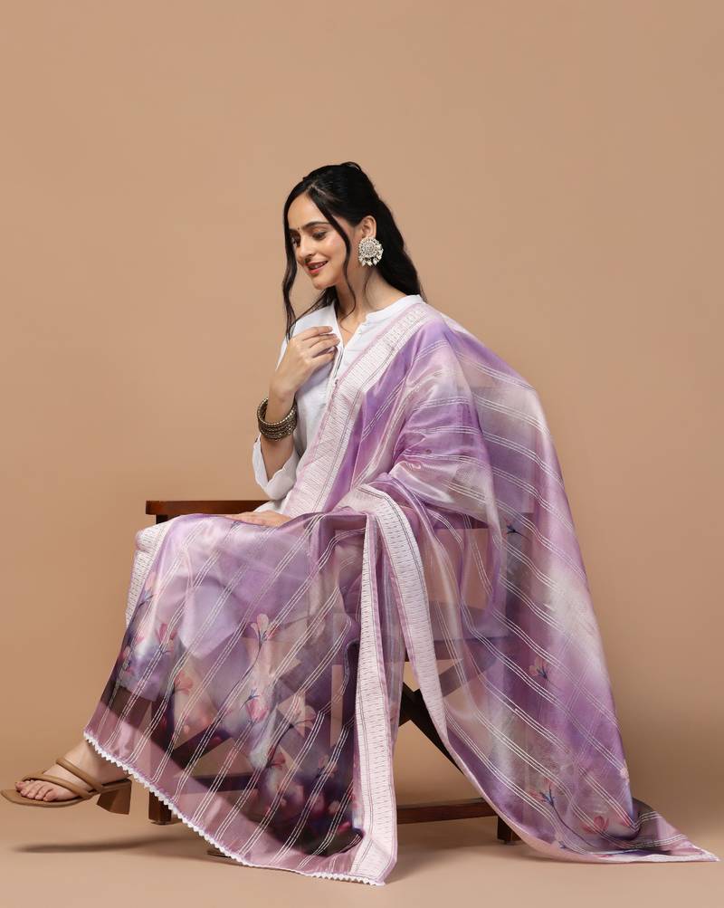 Digital Ethnic Motif Print Orgenza Khadi Silk Crochet Work Regular Dupatta Wear on Kurti For Women and Girls