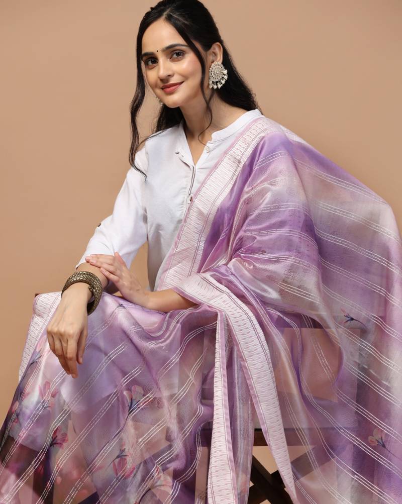 Digital Ethnic Motif Print Orgenza Khadi Silk Crochet Work Regular Dupatta Wear on Kurti For Women and Girls