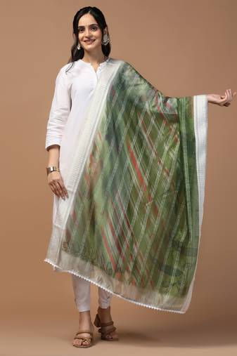 Digital Ethnic Motif Print Orgenza Khadi Silk Crochet Work Regular Dupatta Wear on Kurti For Women and Girls