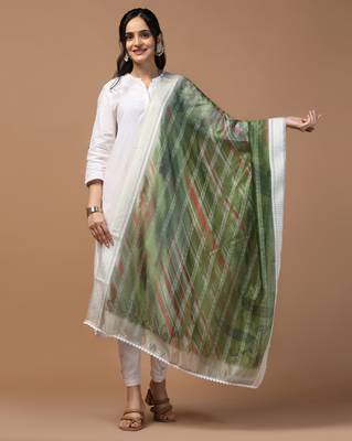 Digital Ethnic Motif Print Orgenza Khadi Silk Crochet Work Regular Dupatta Wear on Kurti For Women and Girls 1