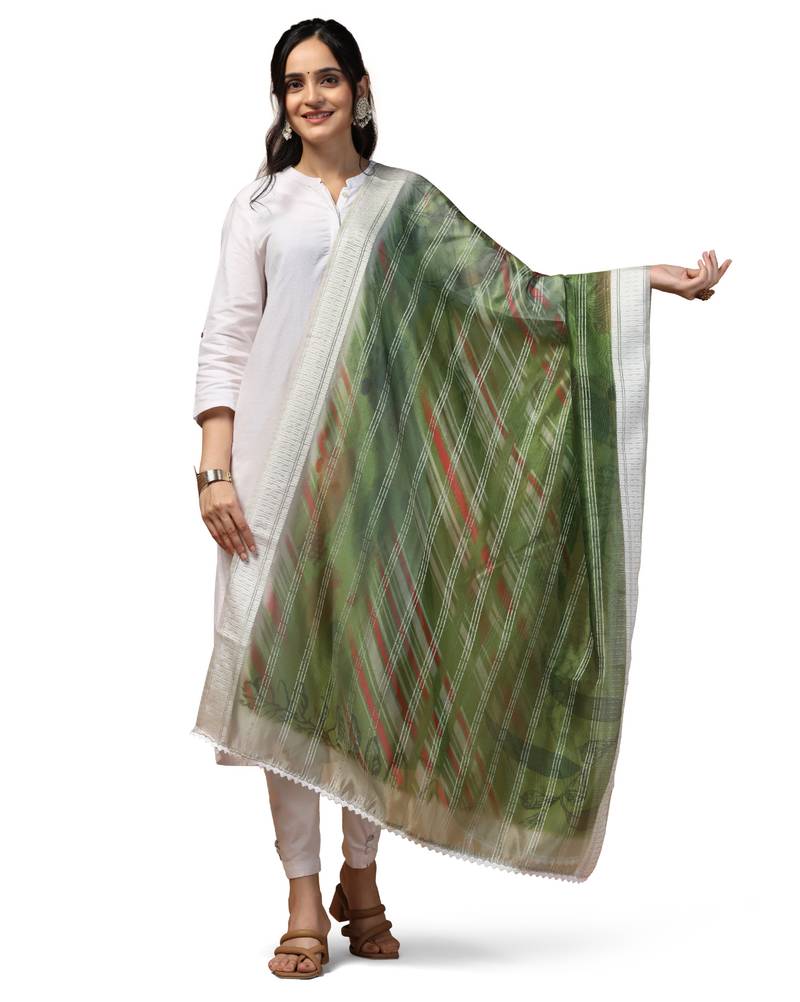 Digital Ethnic Motif Print Orgenza Khadi Silk Crochet Work Regular Dupatta Wear on Kurti For Women and Girls