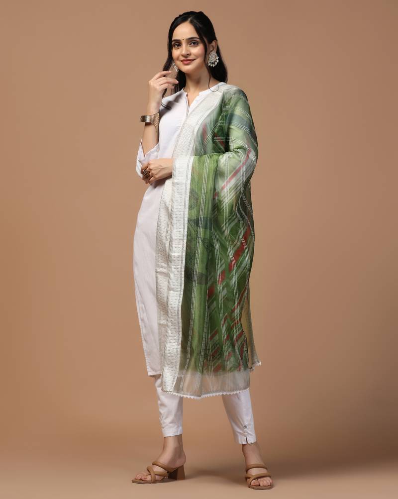 Digital Ethnic Motif Print Orgenza Khadi Silk Crochet Work Regular Dupatta Wear on Kurti For Women and Girls