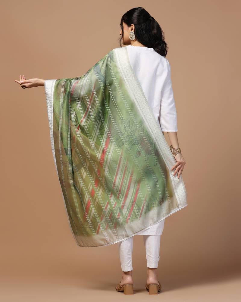 Digital Ethnic Motif Print Orgenza Khadi Silk Crochet Work Regular Dupatta Wear on Kurti For Women and Girls