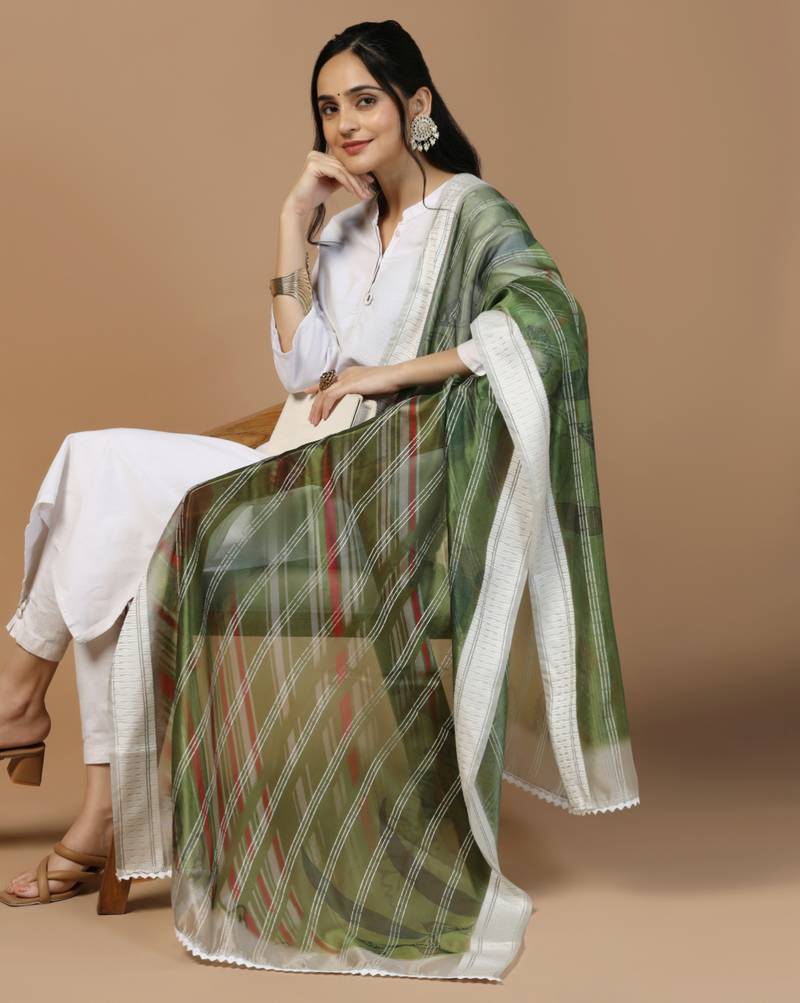 Digital Ethnic Motif Print Orgenza Khadi Silk Crochet Work Regular Dupatta Wear on Kurti For Women and Girls