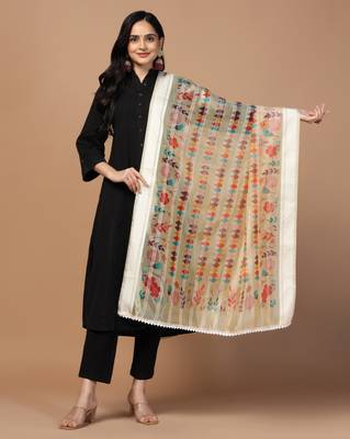 Digital Ethnic Motif Print Orgenza Khadi Silk Crochet Work Regular Dupatta Wear on Kurti For Women and Girls 1
