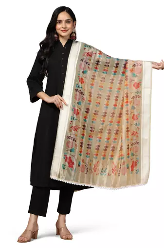 Digital Ethnic Motif Print Orgenza Khadi Silk Crochet Work Regular Dupatta Wear on Kurti For Women and Girls