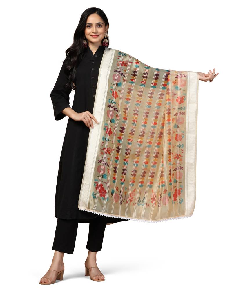 Digital Ethnic Motif Print Orgenza Khadi Silk Crochet Work Regular Dupatta Wear on Kurti For Women and Girls