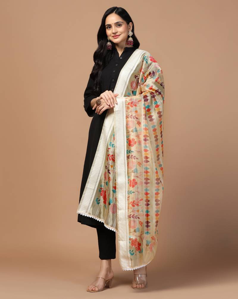 Digital Ethnic Motif Print Orgenza Khadi Silk Crochet Work Regular Dupatta Wear on Kurti For Women and Girls