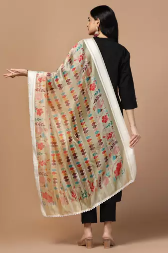Digital Ethnic Motif Print Orgenza Khadi Silk Crochet Work Regular Dupatta Wear on Kurti For Women and Girls