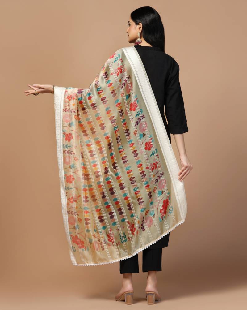 Digital Ethnic Motif Print Orgenza Khadi Silk Crochet Work Regular Dupatta Wear on Kurti For Women and Girls