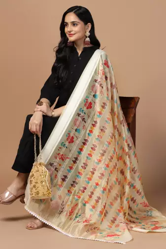 Digital Ethnic Motif Print Orgenza Khadi Silk Crochet Work Regular Dupatta Wear on Kurti For Women and Girls