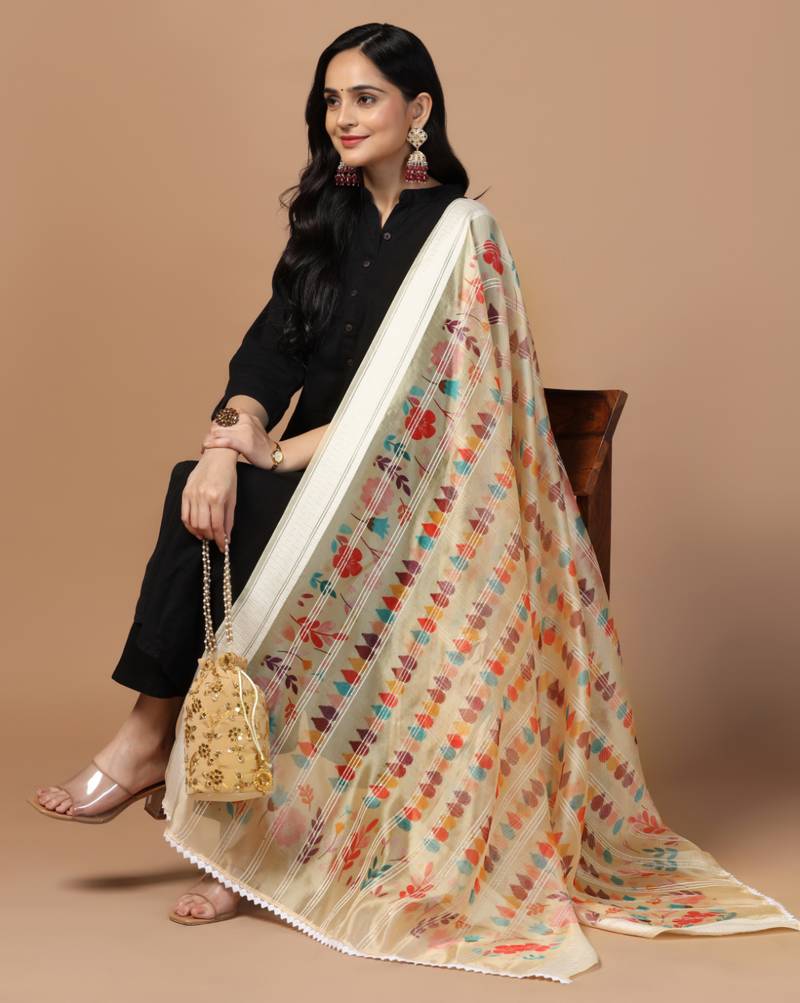 Digital Ethnic Motif Print Orgenza Khadi Silk Crochet Work Regular Dupatta Wear on Kurti For Women and Girls