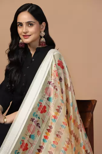 Digital Ethnic Motif Print Orgenza Khadi Silk Crochet Work Regular Dupatta Wear on Kurti For Women and Girls