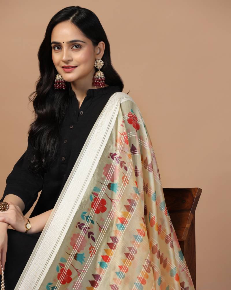 Digital Ethnic Motif Print Orgenza Khadi Silk Crochet Work Regular Dupatta Wear on Kurti For Women and Girls