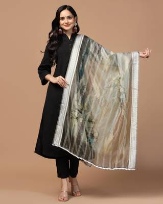 Digital Ethnic Motif Print Orgenza Khadi Silk Crochet Work Regular Dupatta Wear on Kurti For Women and Girls 1