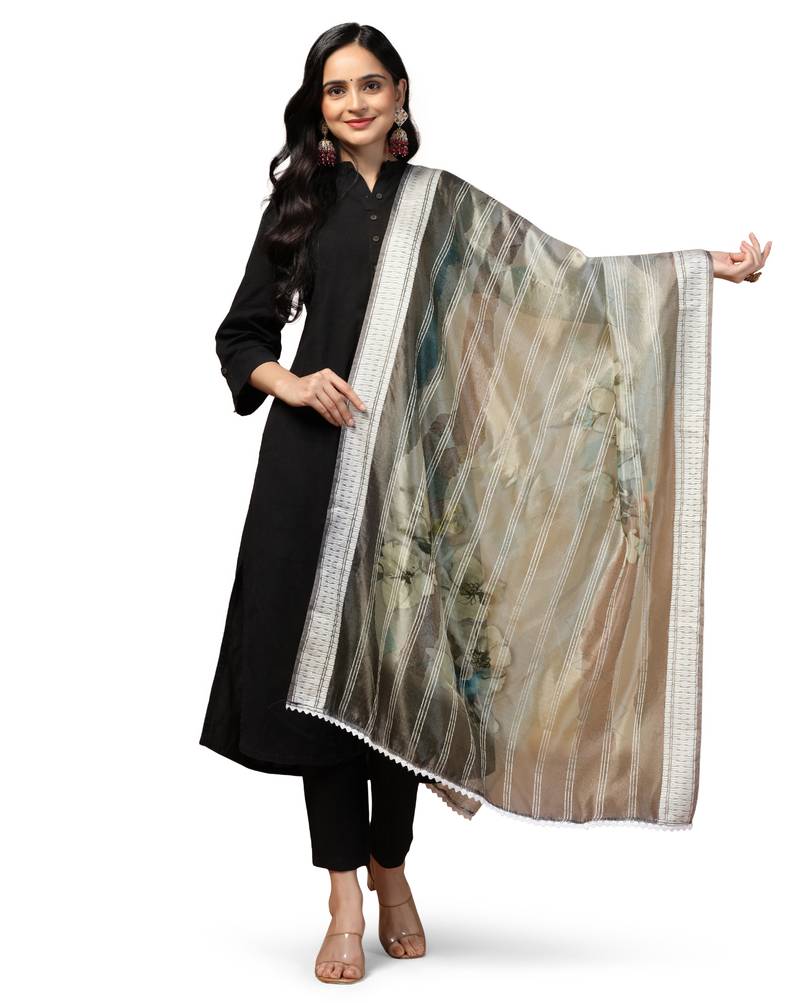 Digital Ethnic Motif Print Orgenza Khadi Silk Crochet Work Regular Dupatta Wear on Kurti For Women and Girls