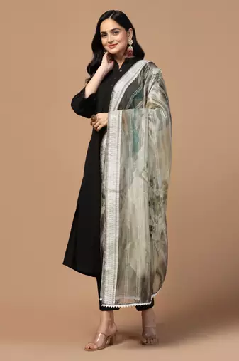 Digital Ethnic Motif Print Orgenza Khadi Silk Crochet Work Regular Dupatta Wear on Kurti For Women and Girls