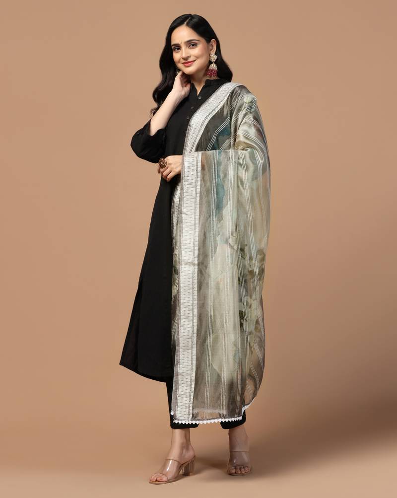 Digital Ethnic Motif Print Orgenza Khadi Silk Crochet Work Regular Dupatta Wear on Kurti For Women and Girls