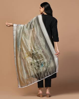 Digital Ethnic Motif Print Orgenza Khadi Silk Crochet Work Regular Dupatta Wear on Kurti For Women and Girls 4
