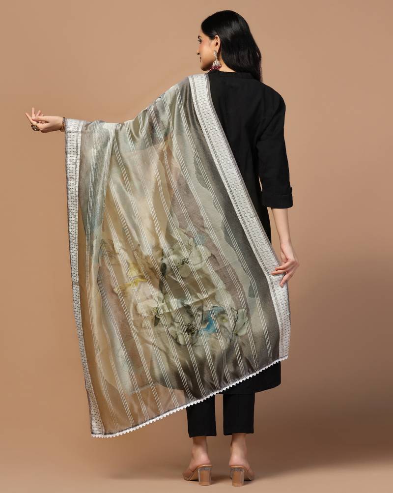 Digital Ethnic Motif Print Orgenza Khadi Silk Crochet Work Regular Dupatta Wear on Kurti For Women and Girls