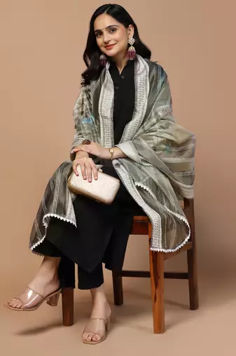 Digital Ethnic Motif Print Orgenza Khadi Silk Crochet Work Regular Dupatta Wear on Kurti For Women and Girls