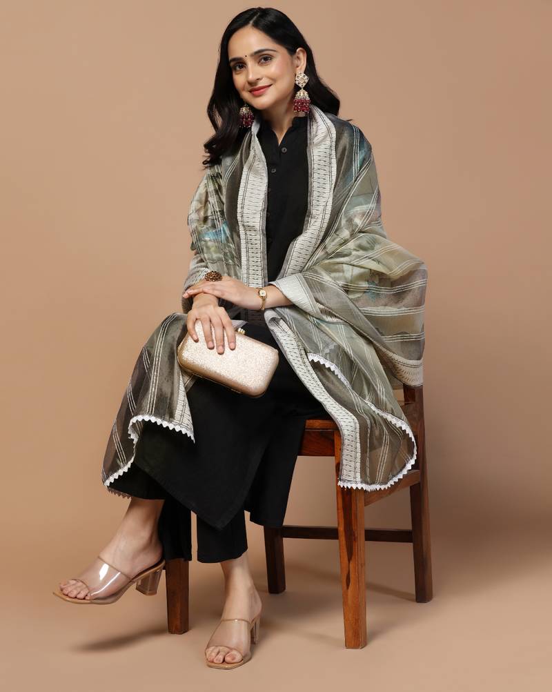 Digital Ethnic Motif Print Orgenza Khadi Silk Crochet Work Regular Dupatta Wear on Kurti For Women and Girls