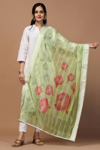 Digital Ethnic Motif Print Orgenza Khadi Silk Crochet Work Regular Dupatta Wear on Kurti For Women and Girls