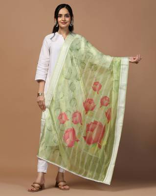 Digital Ethnic Motif Print Orgenza Khadi Silk Crochet Work Regular Dupatta Wear on Kurti For Women and Girls 1