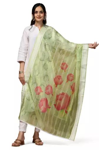 Digital Ethnic Motif Print Orgenza Khadi Silk Crochet Work Regular Dupatta Wear on Kurti For Women and Girls
