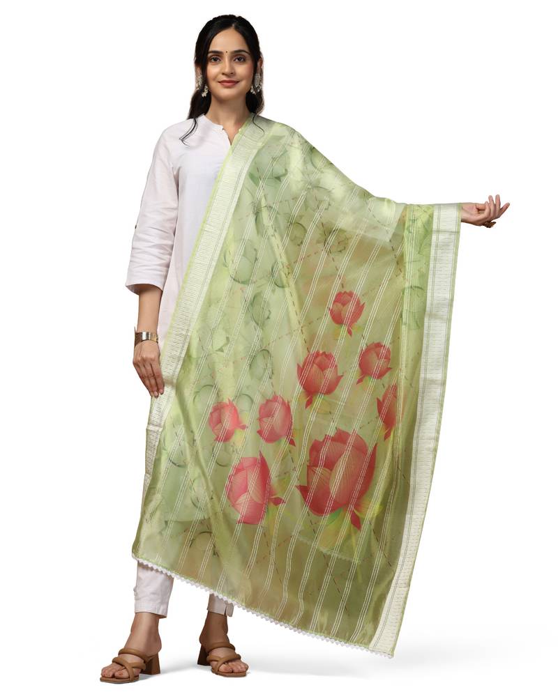 Digital Ethnic Motif Print Orgenza Khadi Silk Crochet Work Regular Dupatta Wear on Kurti For Women and Girls