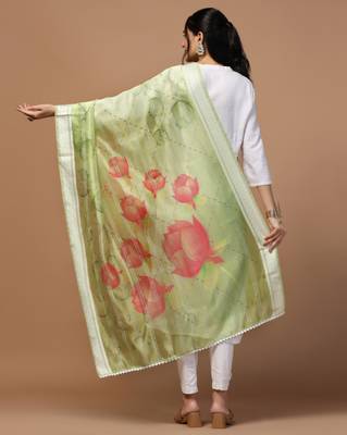Digital Ethnic Motif Print Orgenza Khadi Silk Crochet Work Regular Dupatta Wear on Kurti For Women and Girls 4