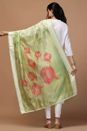 Digital Ethnic Motif Print Orgenza Khadi Silk Crochet Work Regular Dupatta Wear on Kurti For Women and Girls
