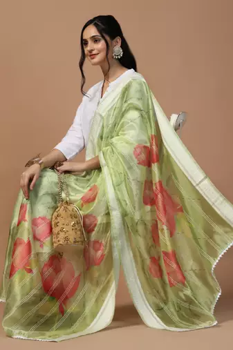 Digital Ethnic Motif Print Orgenza Khadi Silk Crochet Work Regular Dupatta Wear on Kurti For Women and Girls