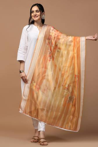 Digital Ethnic Motif Print Orgenza Khadi Silk Crochet Work Regular Dupatta Wear on Kurti For Women and Girls