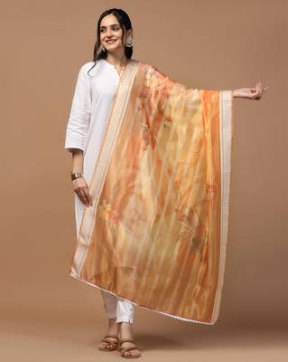 Digital Ethnic Motif Print Orgenza Khadi Silk Crochet Work Regular Dupatta Wear on Kurti For Women and Girls 1