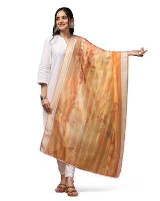 Digital Ethnic Motif Print Orgenza Khadi Silk Crochet Work Regular Dupatta Wear on Kurti For Women and Girls 2